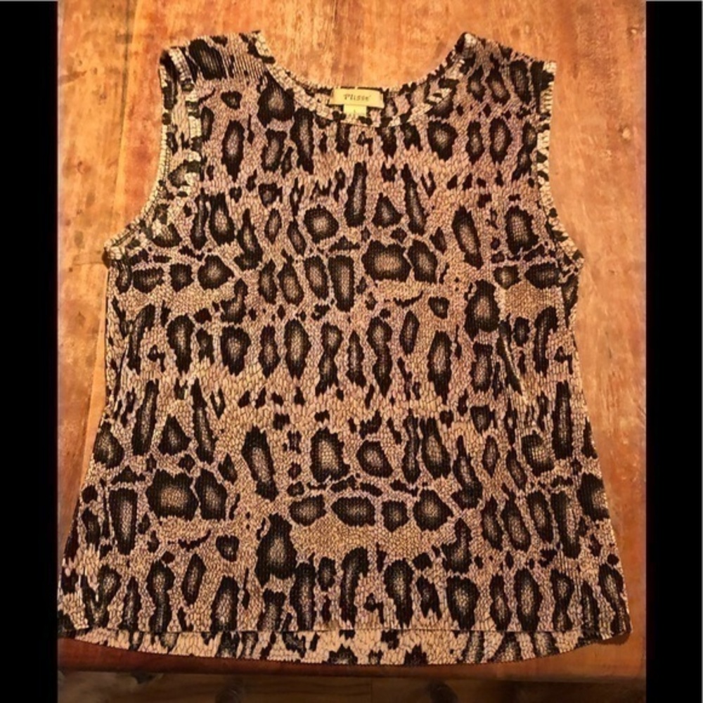Plisse Tank Top Brown Black Leopard with stretchy Tiny Accordian Pleats Top